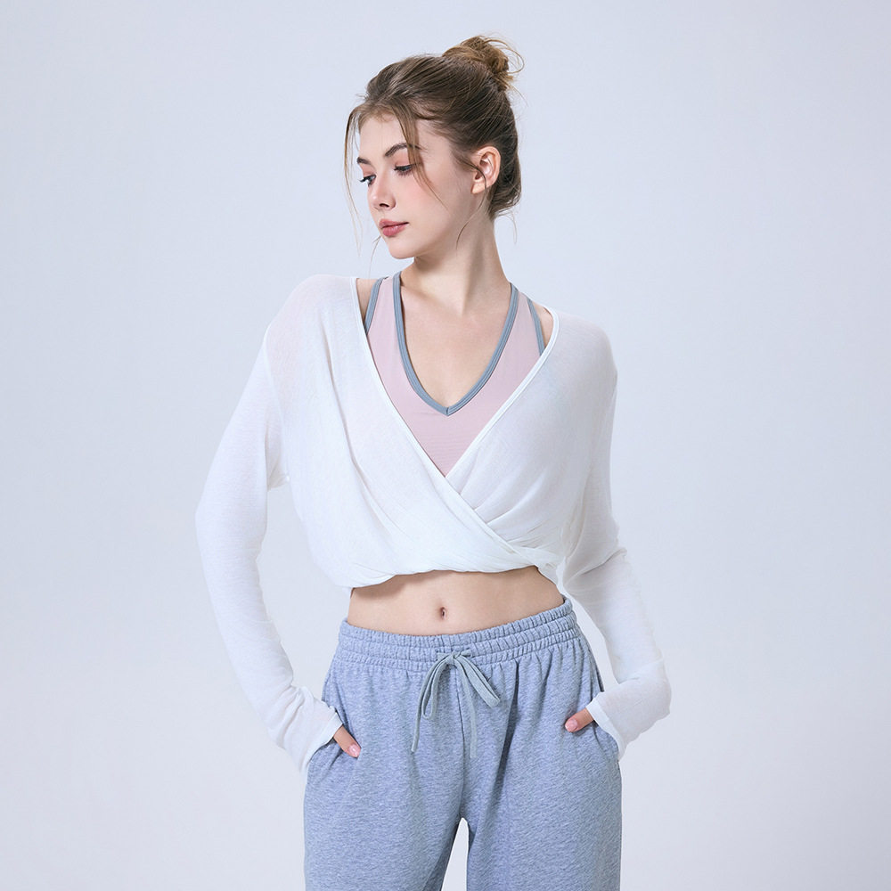 新品纽结天丝透气长袖罩衫女外穿健身服跑步瑜伽舞蹈上衣运动T恤