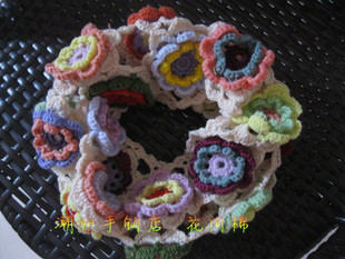 秋冬原作手工钩花立体彩色花朵毛线套头保暖围脖围巾月子围巾