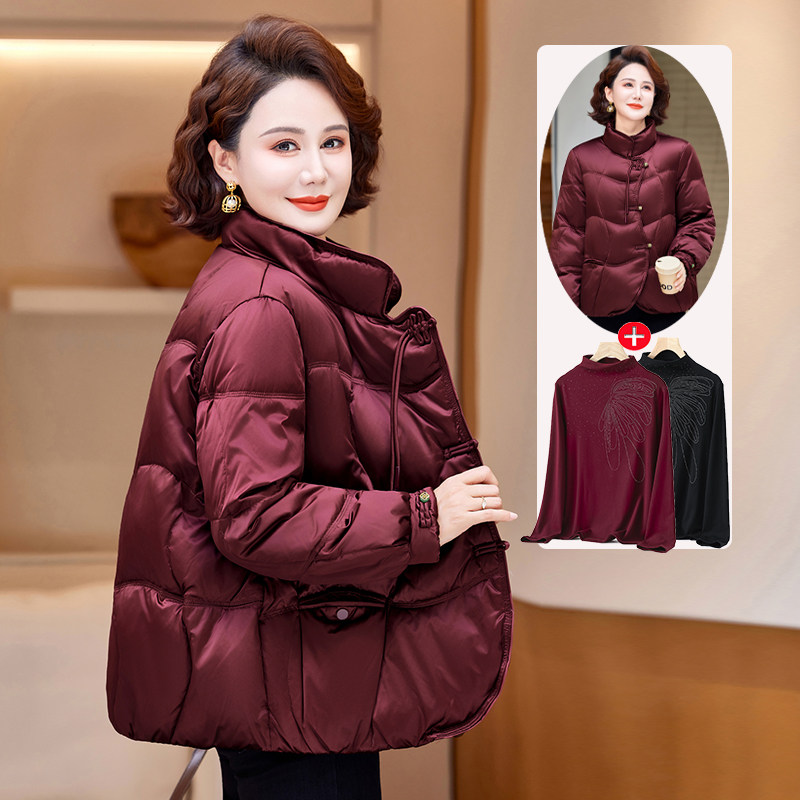 小个子妈妈冬装羽绒棉服短款贵夫人冬季小棉袄中老年人女红色外套