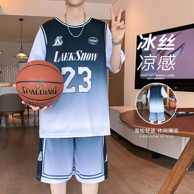 夏季青少年速干宽松数码印花短袖篮球服套装男帅气休闲运动两件套