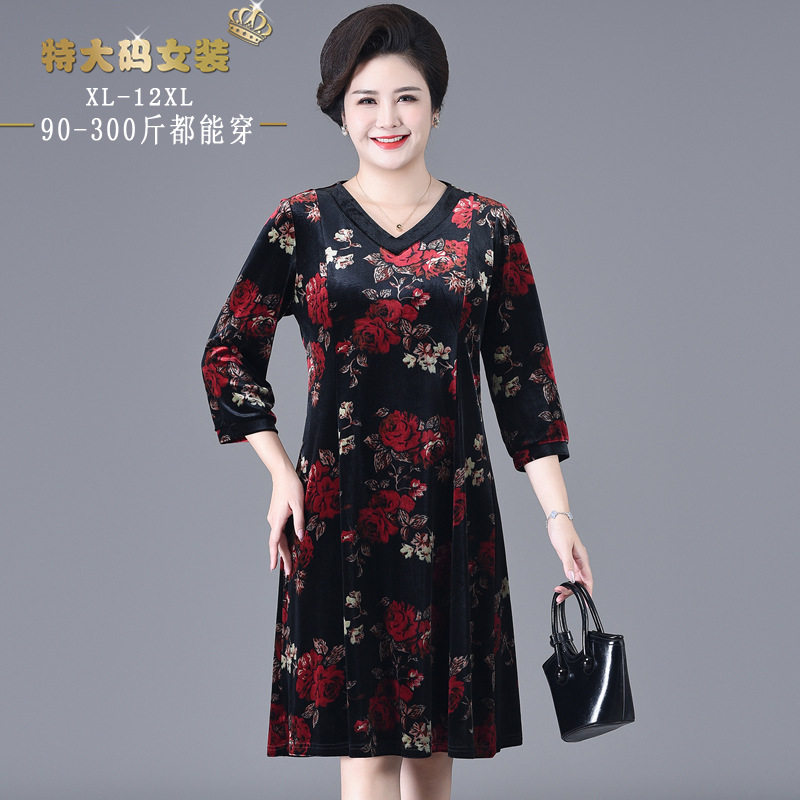 中老年女丝绒春秋装连衣裙200斤