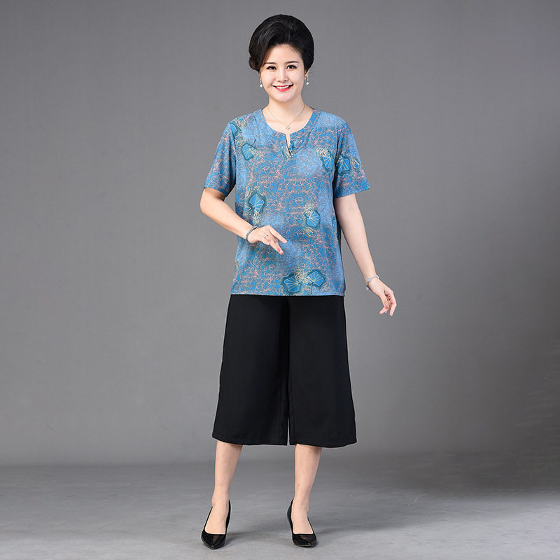 中老年女装休闲套装200斤胖妈妈短袖T恤两件套加肥加大码夏装洋气
