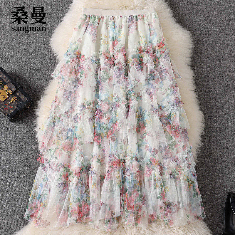 松紧腰碎花网纱半身裙2024秋季新款洋气层层蛋糕裙印花仙女长裙子