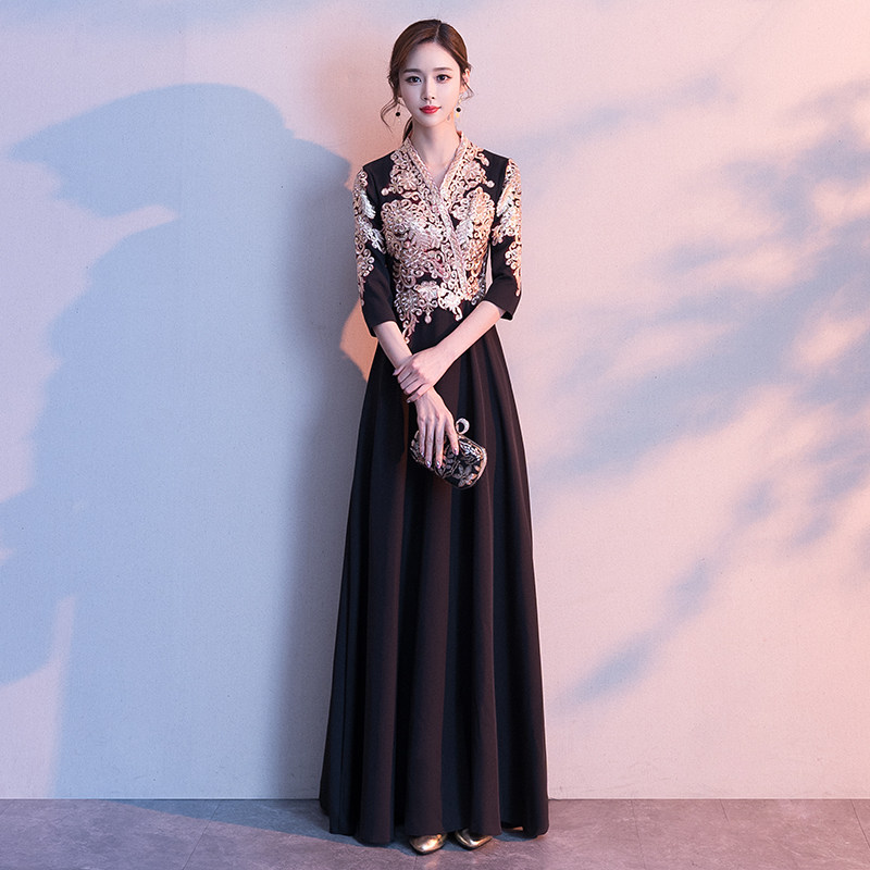 黑色长款高端质感气场晚礼服裙