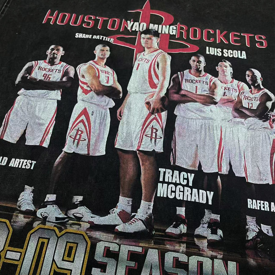 BA火箭08-09老球员姚明麦迪美式复古vintage复古做旧纯棉短袖T恤