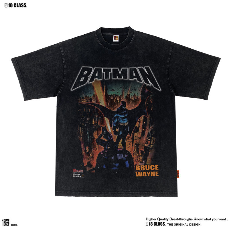 Batman蝙蝠侠美式卡通复古vintage印花纯棉洗水宽松重磅长短袖T恤