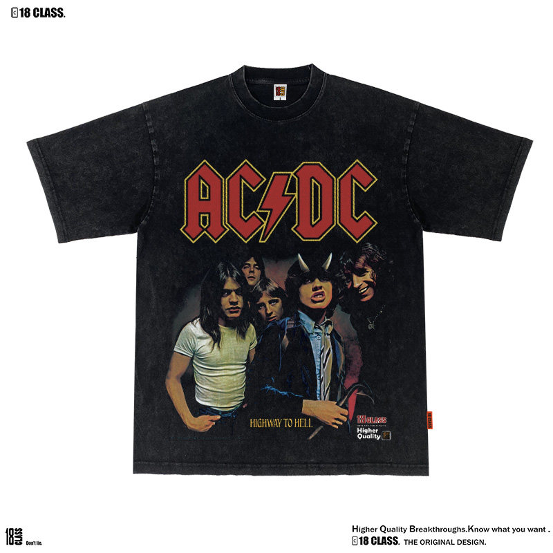 乐队ACDC摇滚美式卡通复古vintage印花纯棉洗水宽松重磅长短袖T恤