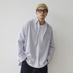 日系条纹衬衫男春新款潮流校园风宽松休闲长袖衬衣外套3410P45图片
