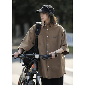 中性情侣衬衫女夏季2025新款短袖上衣宽松领衬衣外套CS09-p45图片