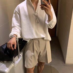 新款休闲韩版棉麻衬衫男长袖衬衣套头半高领纯色上衣3402P45特价图片