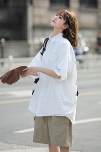 开衫短袖女工装衬衣设计感白色上衣宽松chic美式衬衫外套7005-P45图片