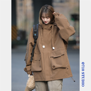 工装连帽外套女日系机能口袋夹克BF情侣宽松户外冲锋衣女CFY03P88图片