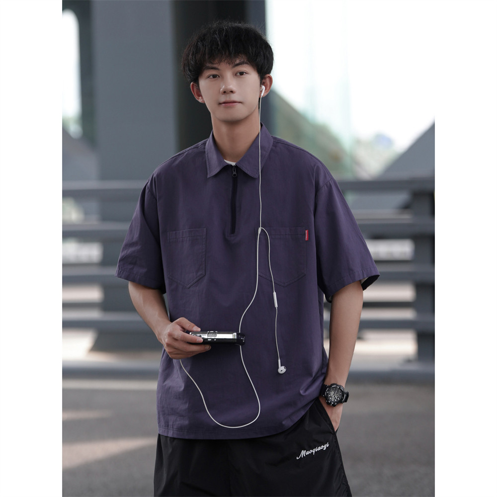 美式vintage衬衫半拉链polo衫男夏季痞帅工装衬衣翻领短袖上衣,男装T恤,星座710