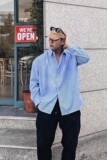 蓝色竖条纹长袖衬衫男早春韩系高品质休闲阔版慵懒风痞帅衬衣外套，男装衬衫，星座710