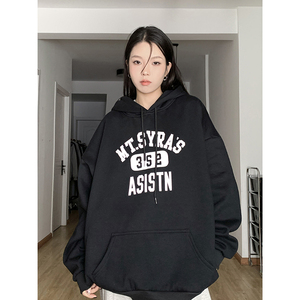 秋冬灰色字母印花连帽卫衣女oversize宽松加绒加厚外套WY02P58图片