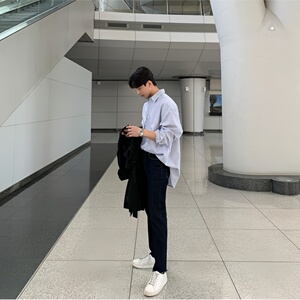 春秋条纹长袖衬衫男韩版潮流寸衫日系休闲衬衣宽松上衣XZ710-813图片