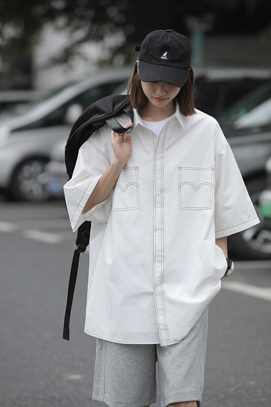 中性衬衫女短袖日系工装上衣小众设计感港风宽松衬衣夏季,女装衬衫,星座710