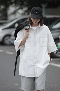 中性衬衫女短袖日系工装上衣小众设计感港风宽松衬衣夏季图片
