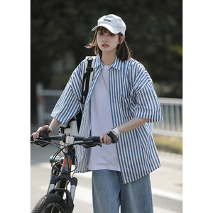 夏季新款条纹短袖衬衫女宽松设计感chic上衣洋气衬衣外套CS07-p45图片