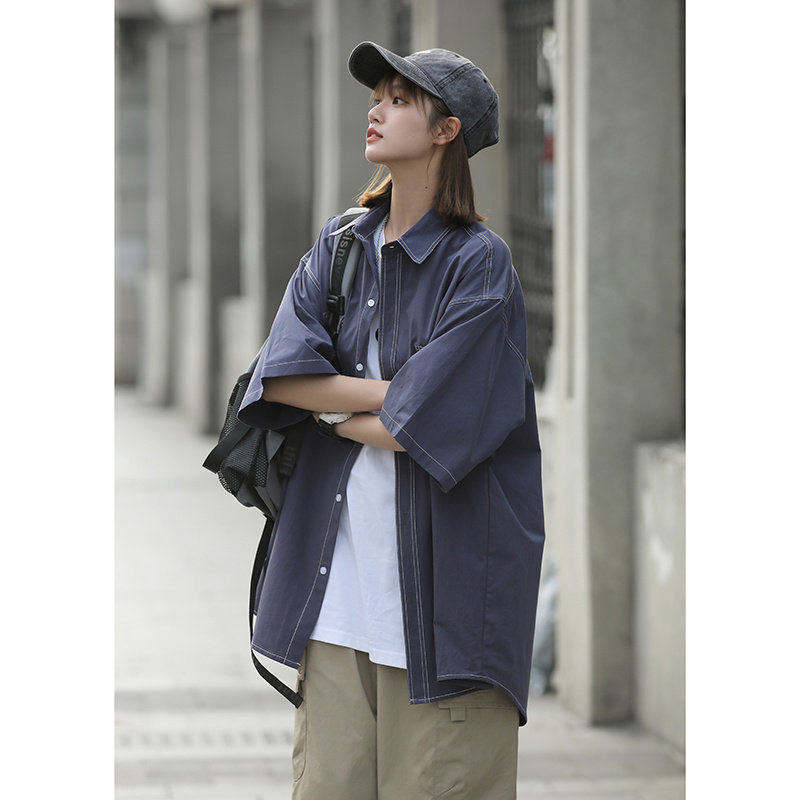 中性衬衫女短袖日系工装上衣小众设计感港风宽松衬衣夏季7003-P45,男装T恤,星座710