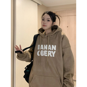 加绒连帽卫衣女冬季宽松oversize上衣加厚情侣外套WY06P68图片