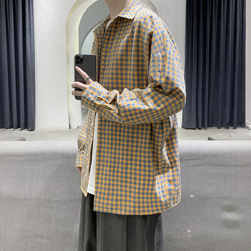 衬衫男港风日系风格穿搭oversize格子衬衣盐系古着外套夏季435P45,男装衬衫,星座710