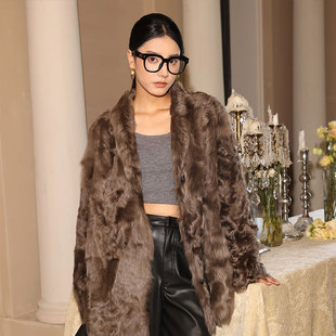 茉萱 郊野时光 小湖羊皮毛一体外套轻盈0压感V领中长款秋冬皮草女