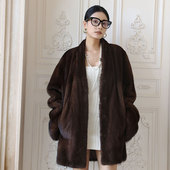 进口紫标级天鹅绒V领水貂外套复古时尚 茉萱 巴塞罗那 貂皮大衣女