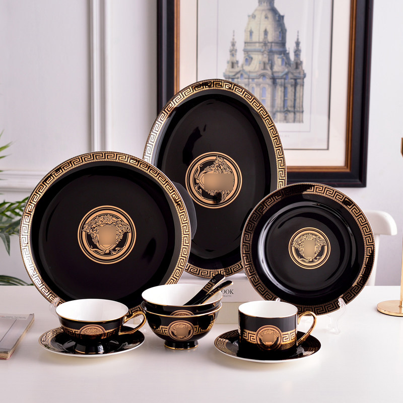 黑釉金人头餐具西餐具平盘鱼盘牛排盘碗勺筷子套装咖啡杯