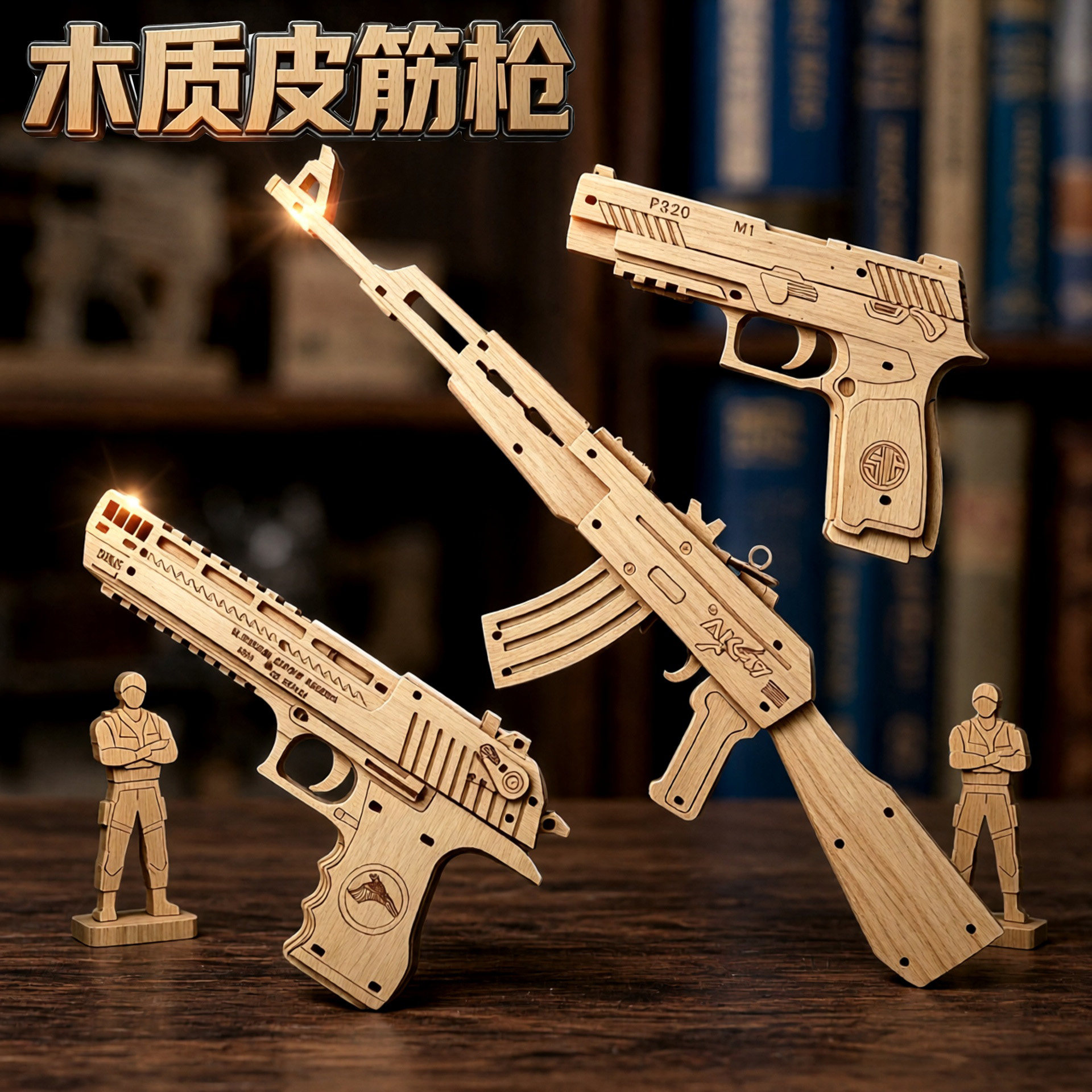 木质拼装模型机械枪3D立体拼图积木男孩子手工diy组装皮筋枪木制