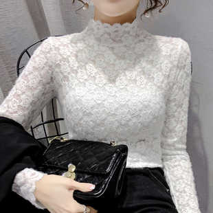 显瘦女上衣 磨毛蕾丝打底衫 女2025春秋新款 镂空立领长袖 女内搭修身