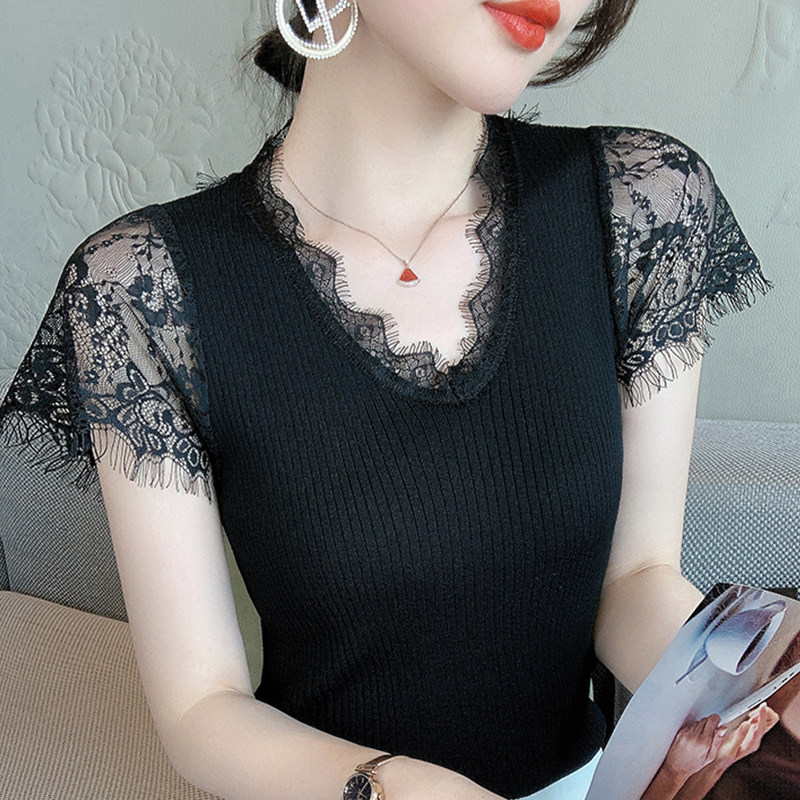 2026女夏季新款套头螺纹拼接睫毛蕾丝花边V领短袖女百搭打底上衣
