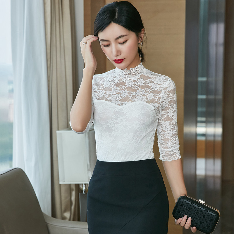 2026女春秋装新款镂空蕾丝衫立领五分袖女百搭修身显瘦打底衫上衣
