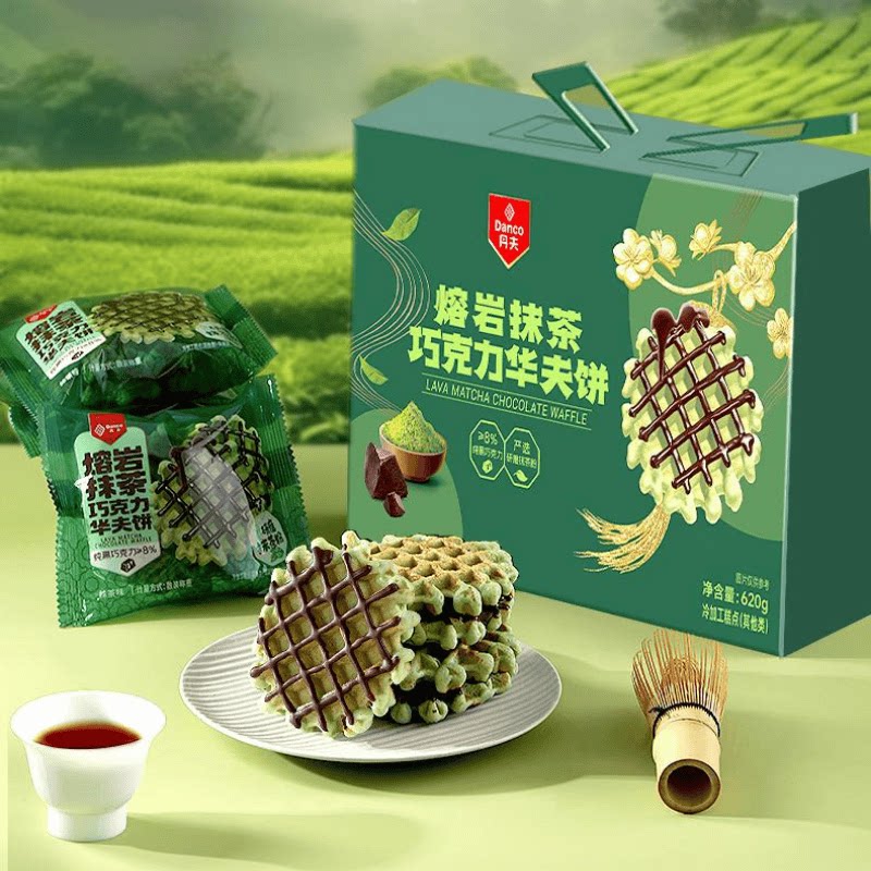 丹夫抹茶巧克力华夫日式下午茶点面包营养健康早餐黑巧涂层零食
