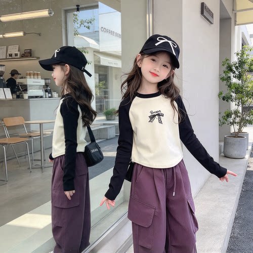 女童撞色纯棉长袖T恤百搭洋气