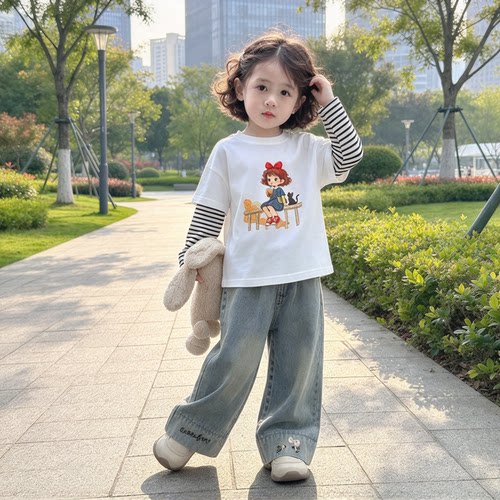 纯棉童装女童卡通印花假两件长袖T恤秋季洋气领上衣宝宝打底衫