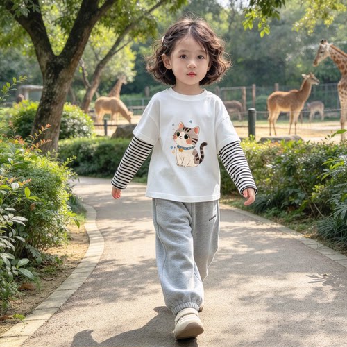 女童假两件条纹拼接卡通印花长袖T恤宽松上衣儿童宝宝纯棉打底衫
