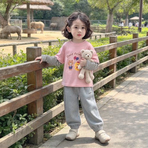 女童粉色可爱小熊印花假两件长袖T恤韩版休闲上衣春秋款纯棉打底