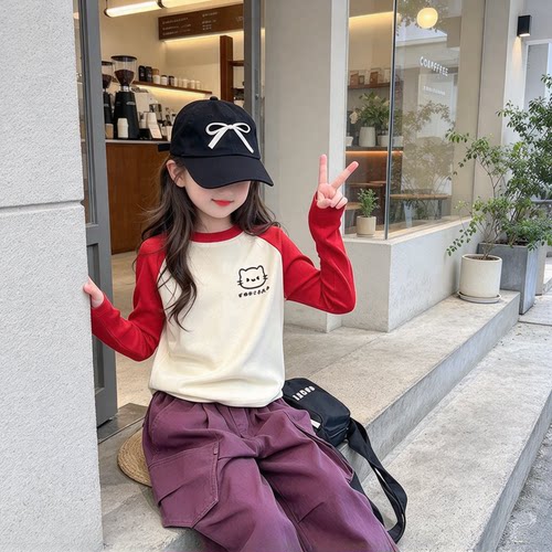 女童纯棉拼色卡通长袖T恤百搭