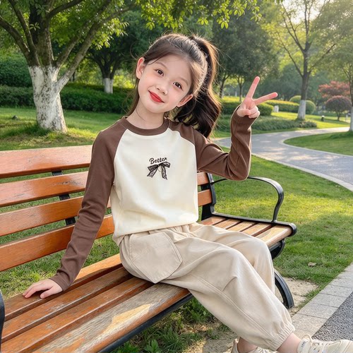 女童纯棉撞色插肩长袖卡通T恤