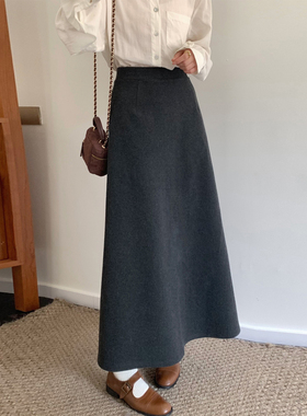 深灰毛呢a字半身裙女25冬季高腰显瘦百搭休闲裙挺括加厚呢子长裙