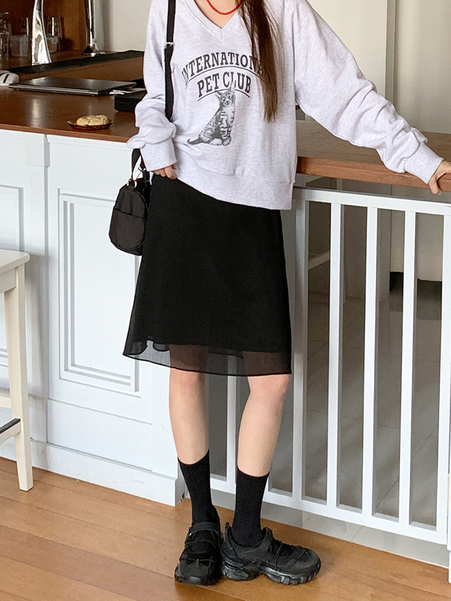 黑色雪纺a字裙女26高腰显瘦百搭半身裙遮跨显瘦轻薄中裙梨型身材