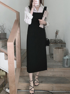 后开叉修身 背带裙女秋中长款 直筒显瘦连衣裙外搭 休闲纯色西装 韩版