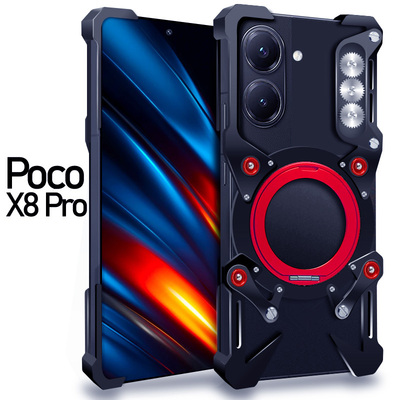 适用于小米PocoX8Promax金属手机壳防摔铝合金保护套磁吸支架旋转挂绳硬外壳简约透气散热潮男个性齿轮厚镂空