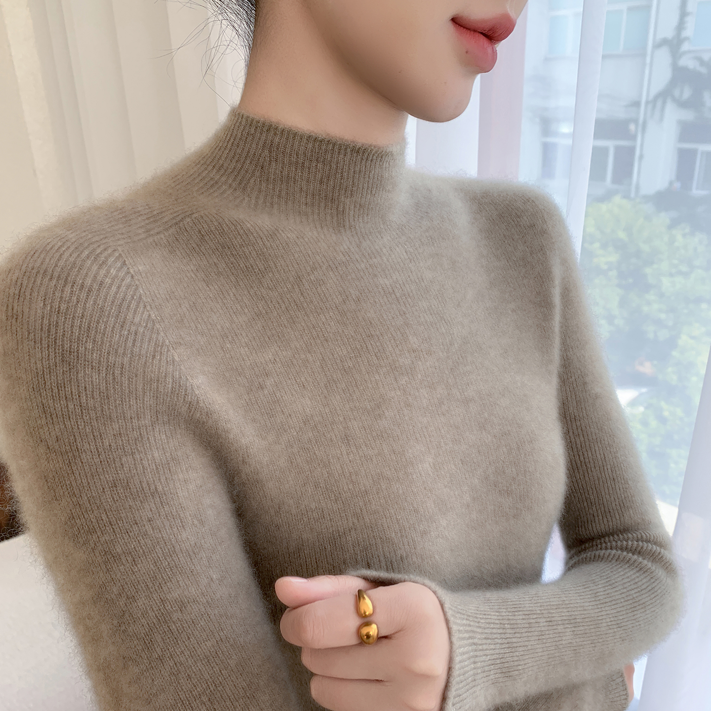 100%纯山羊绒衫女半高领修身款