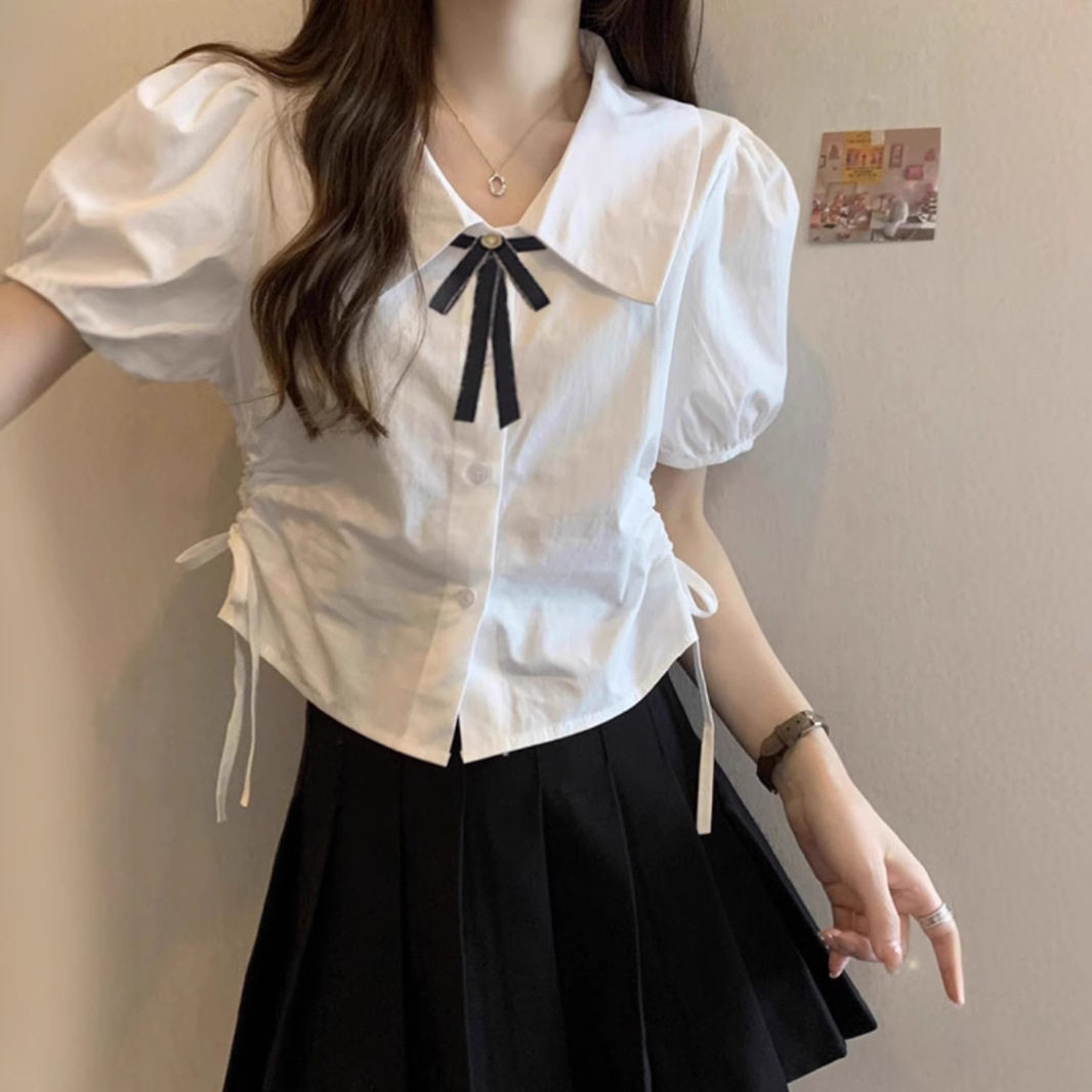 收腰衬衫女夏季短袖jk制服套装绑带白色衬衣学院风短款泡泡袖上衣