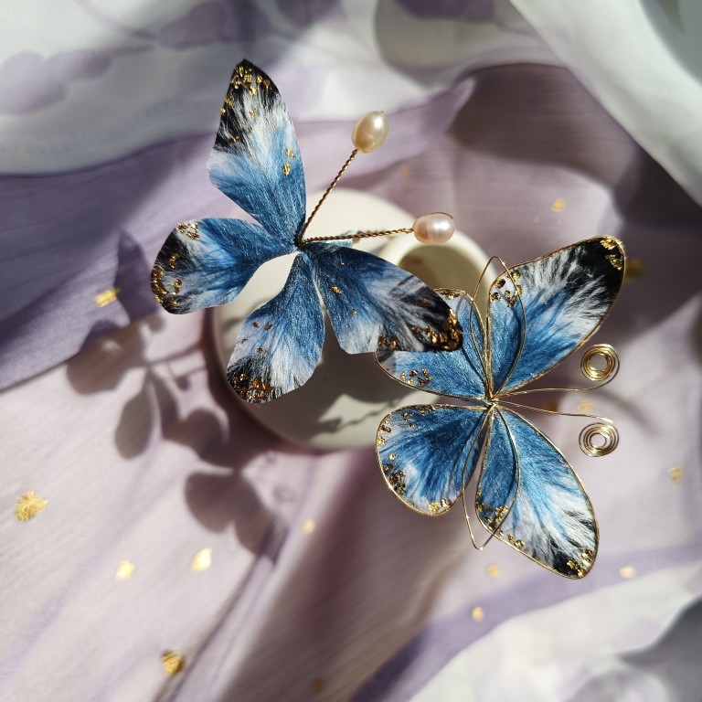 素染原创—晓梦蝶,福利款蓝黑色系绒花蝴蝶掐丝蝴蝶非遗绒花蝴蝶