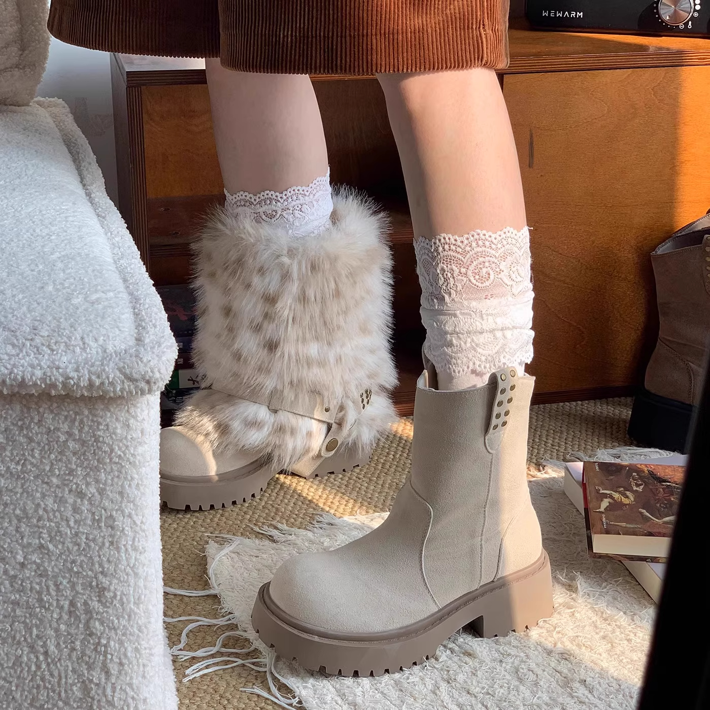 桑坡毛毛厚底雪地靴女款2025冬季新款加绒加厚保暖棉鞋马丁靴短靴