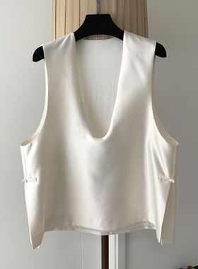 新中式深V领真丝羊毛无袖马甲女宽松背心马夹外套简约叠穿外搭