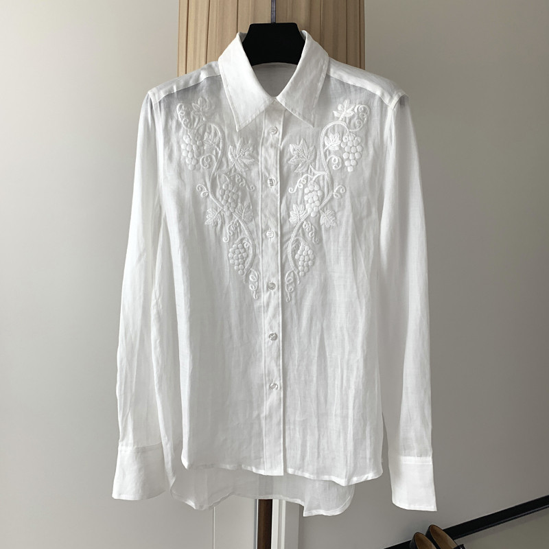 重工刺绣苎麻百搭休闲感防晒白色翻领长袖衬衫女上衣2026春新款